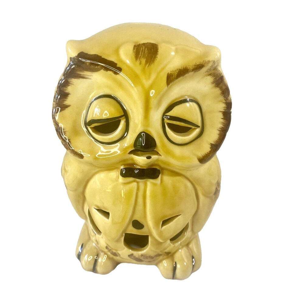 Vintage Pottery Sleepy Owl Figurine Candle Cover Luminary Ceramic 8 in